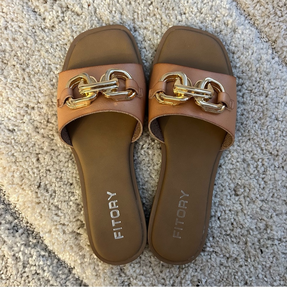 Brown Slide Sandals Gold Chain Detail Flat Slip On Summer Sandals